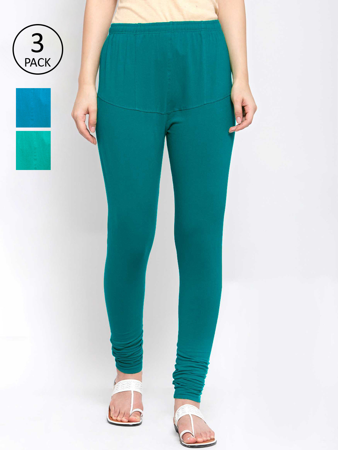 

KLOTTHE Women Pack Of 3 Solid Cotton Churidar-Length Leggings, Teal