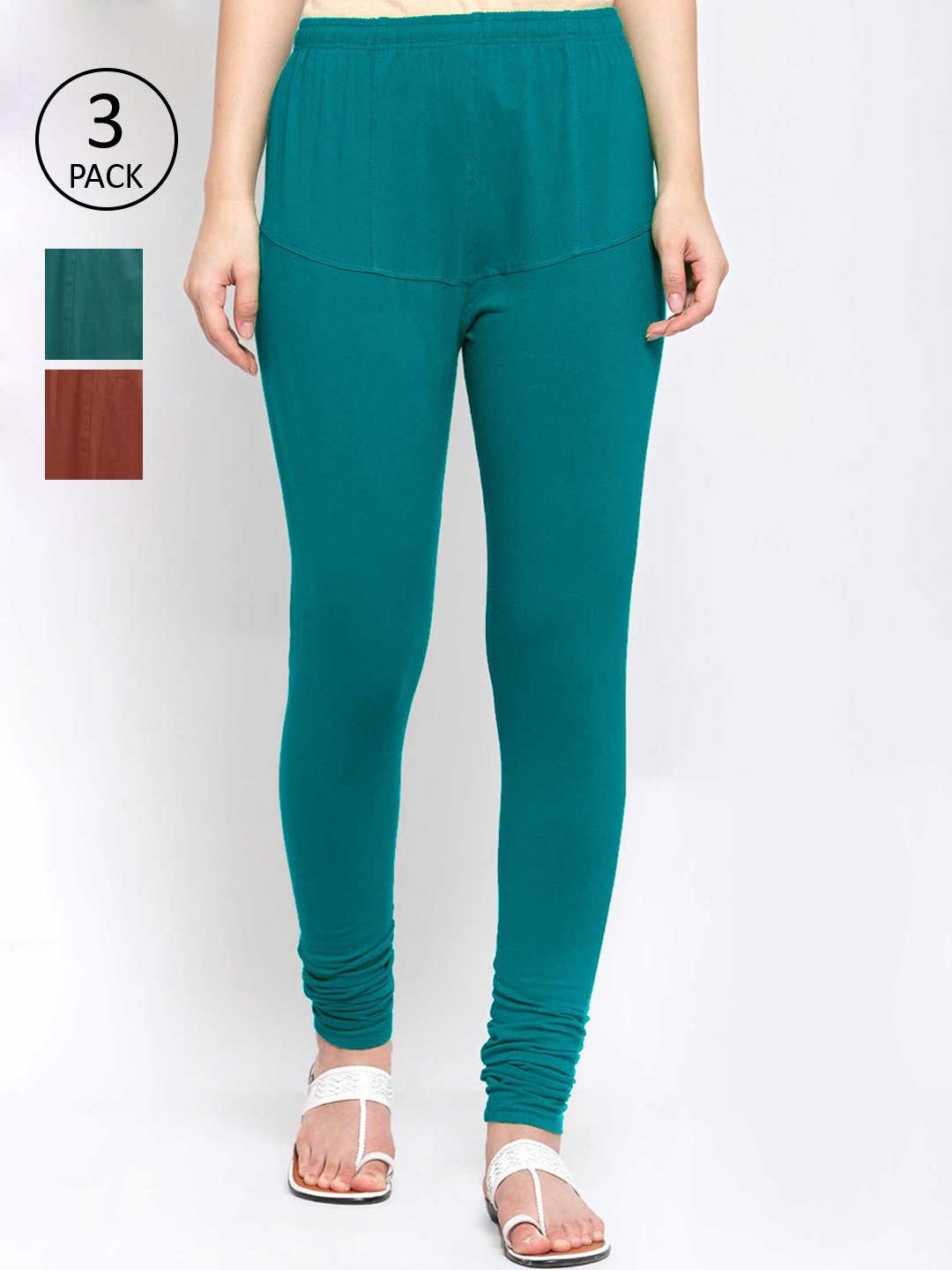 

KLOTTHE Women Pack Of 3 Solid Cotton Churidar-Length Leggings, Teal