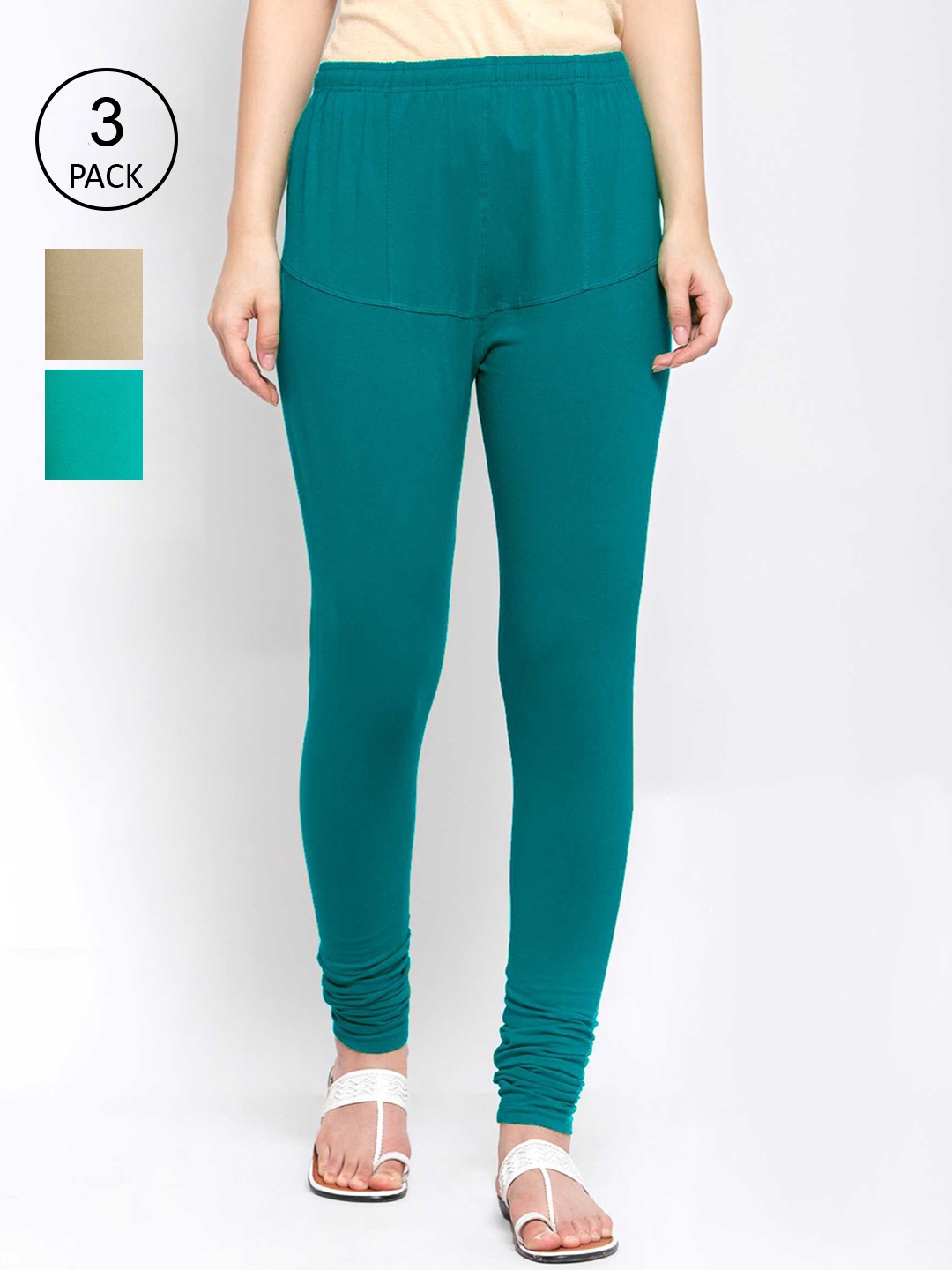 

KLOTTHE Women Pack Of 3 Solid Cotton Churidar-Length Leggings, Green