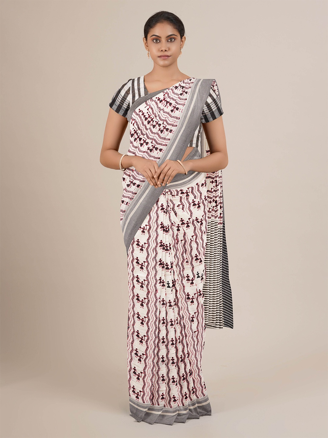 

Pothys Cream-Coloured & Red Ethnic Motifs Jute Silk Saree