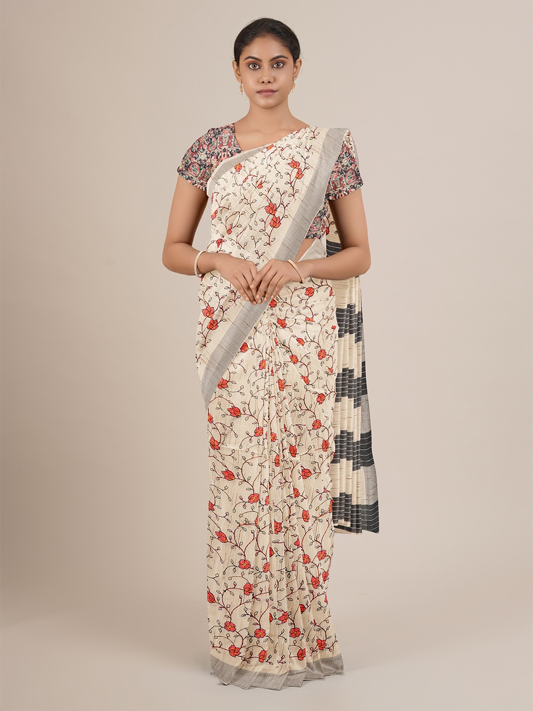 

Pothys Cream-Coloured & Red Floral Printed Jute Silk Saree