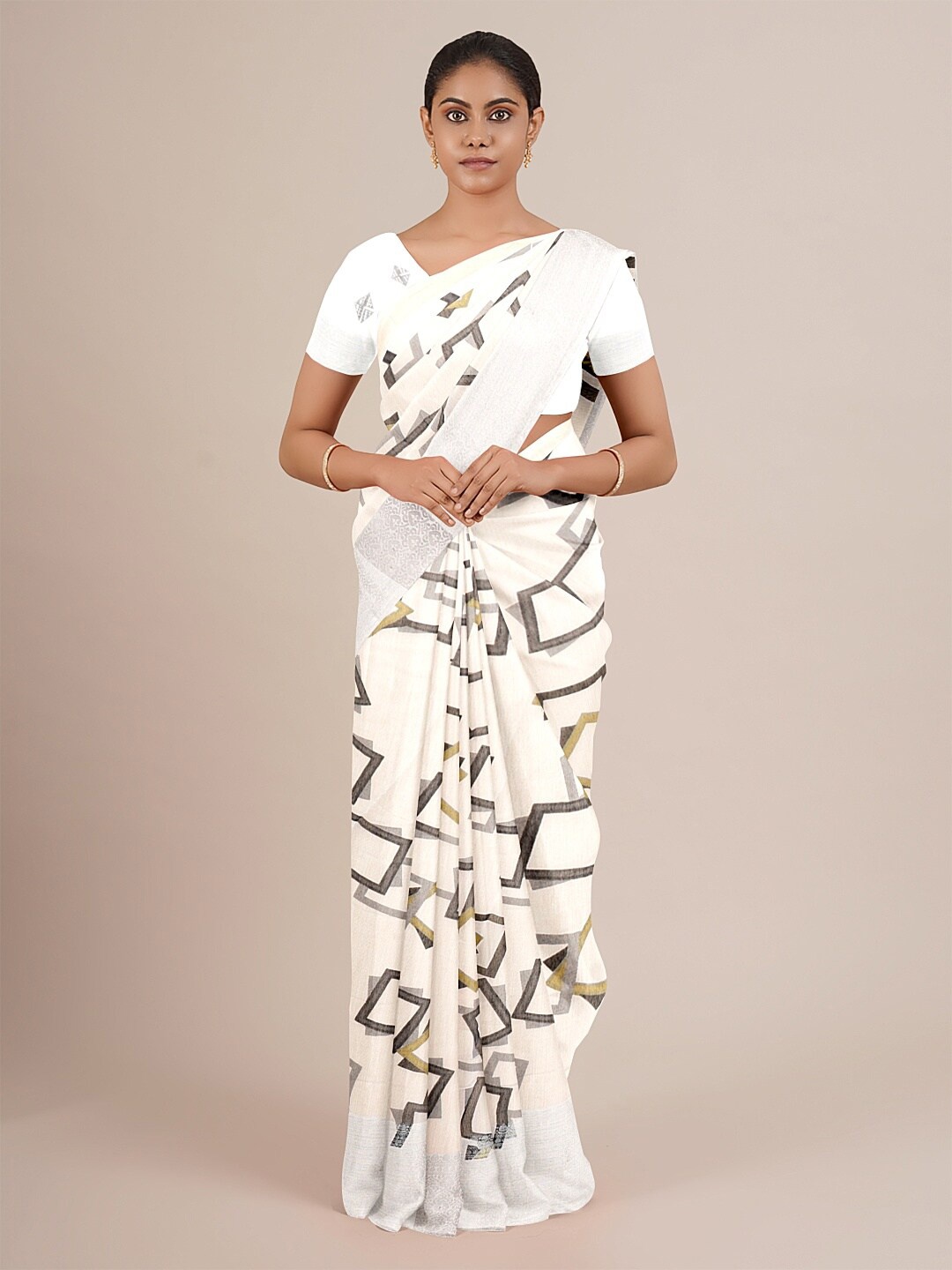 

Pothys White & Grey Printed Jute Silk Saree