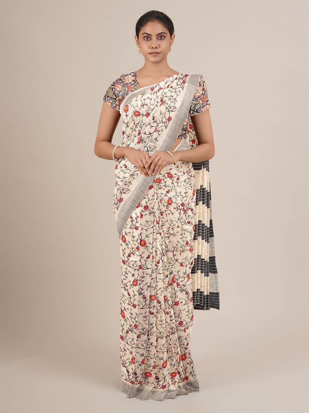 

Pothys Cream-Coloured & Red Floral Printed Jute Silk Saree