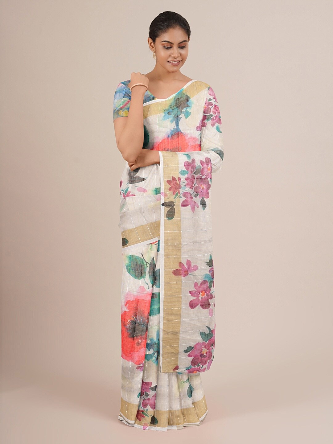 

Pothys Grey Linen Blend Floral Printed Saree
