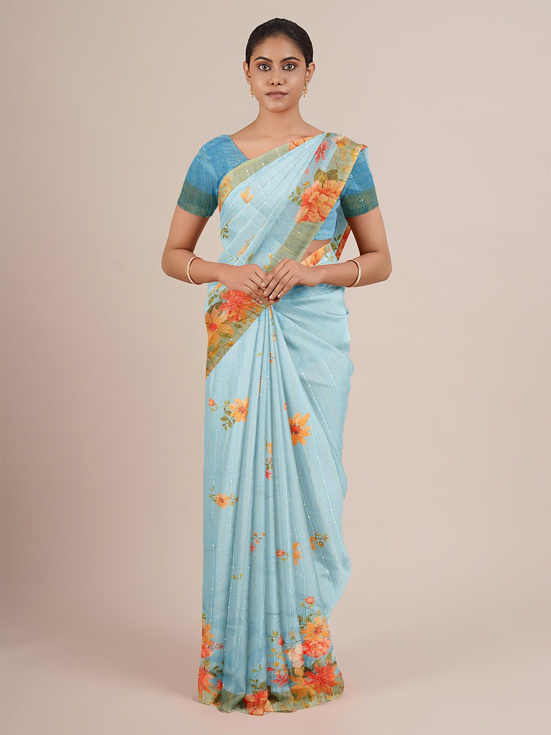 

Pothys Women Blue Printed Linen Blend Saree with Blouse, Turquoise blue