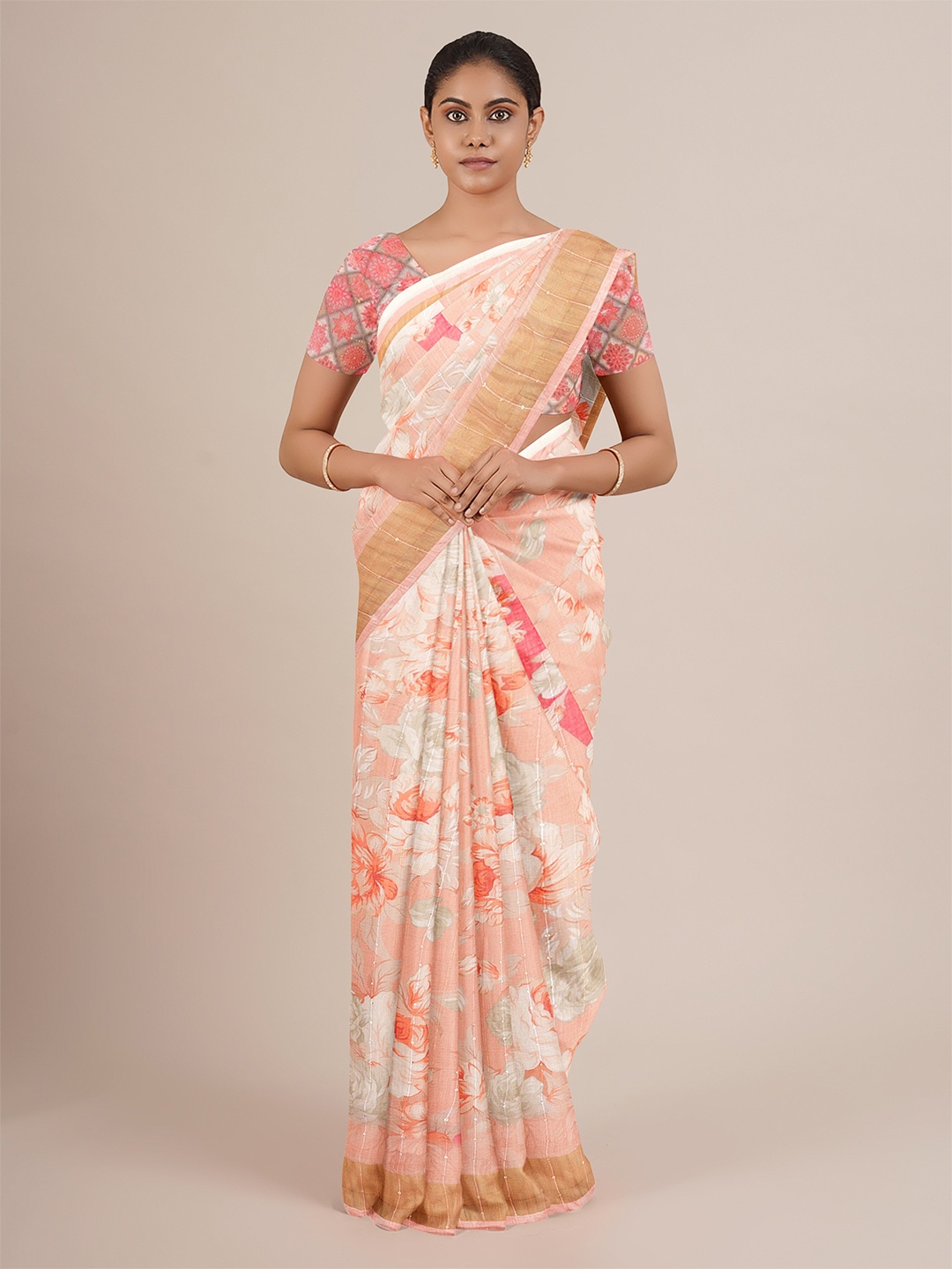 

Pothys Peach-Coloured & Orange Floral Printed Linen Blend Saree