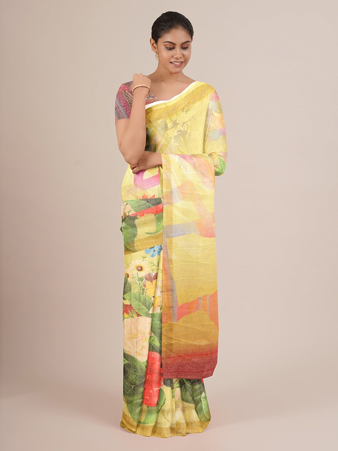 

Pothys Yellow & Green Floral Linen Blend Saree
