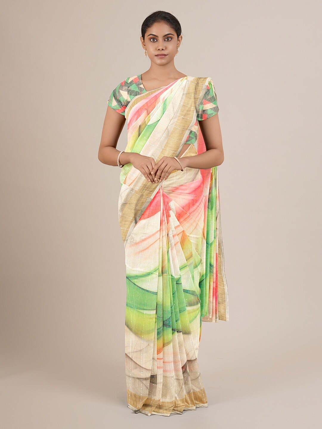 

Pothys Beige & Red Abstract Linen Blend Saree