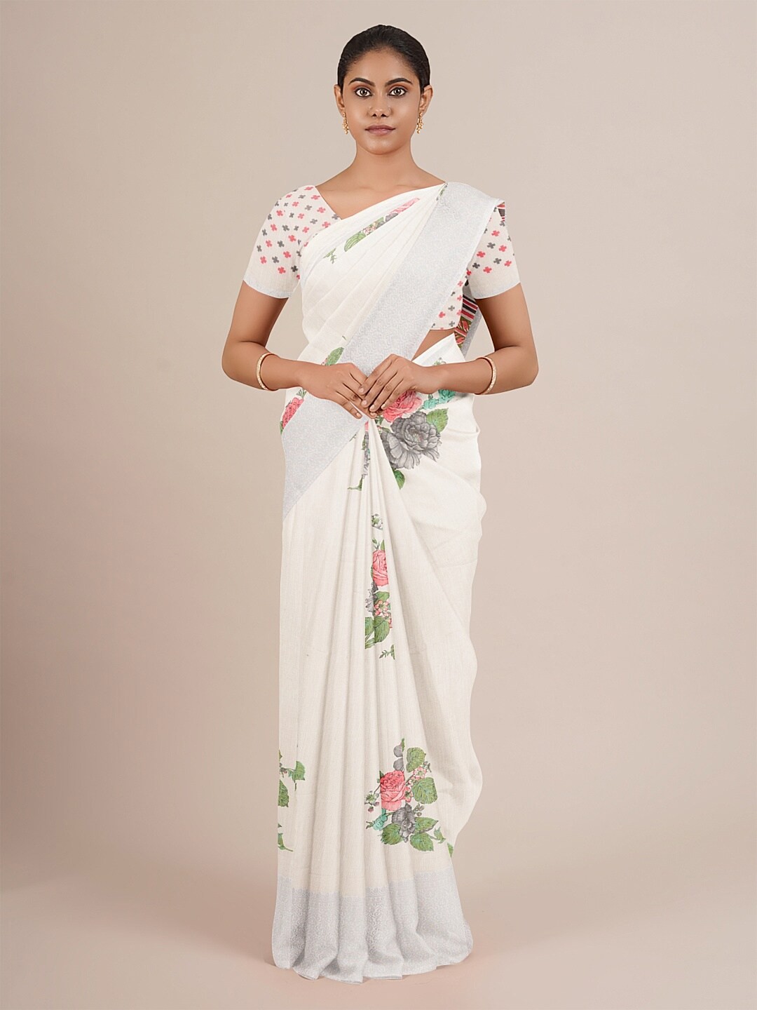 

Pothys White & Green Floral Printed Jute Silk Saree