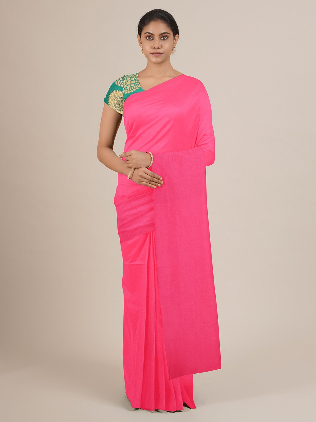 

Pothys Pink Solid Satin Saree