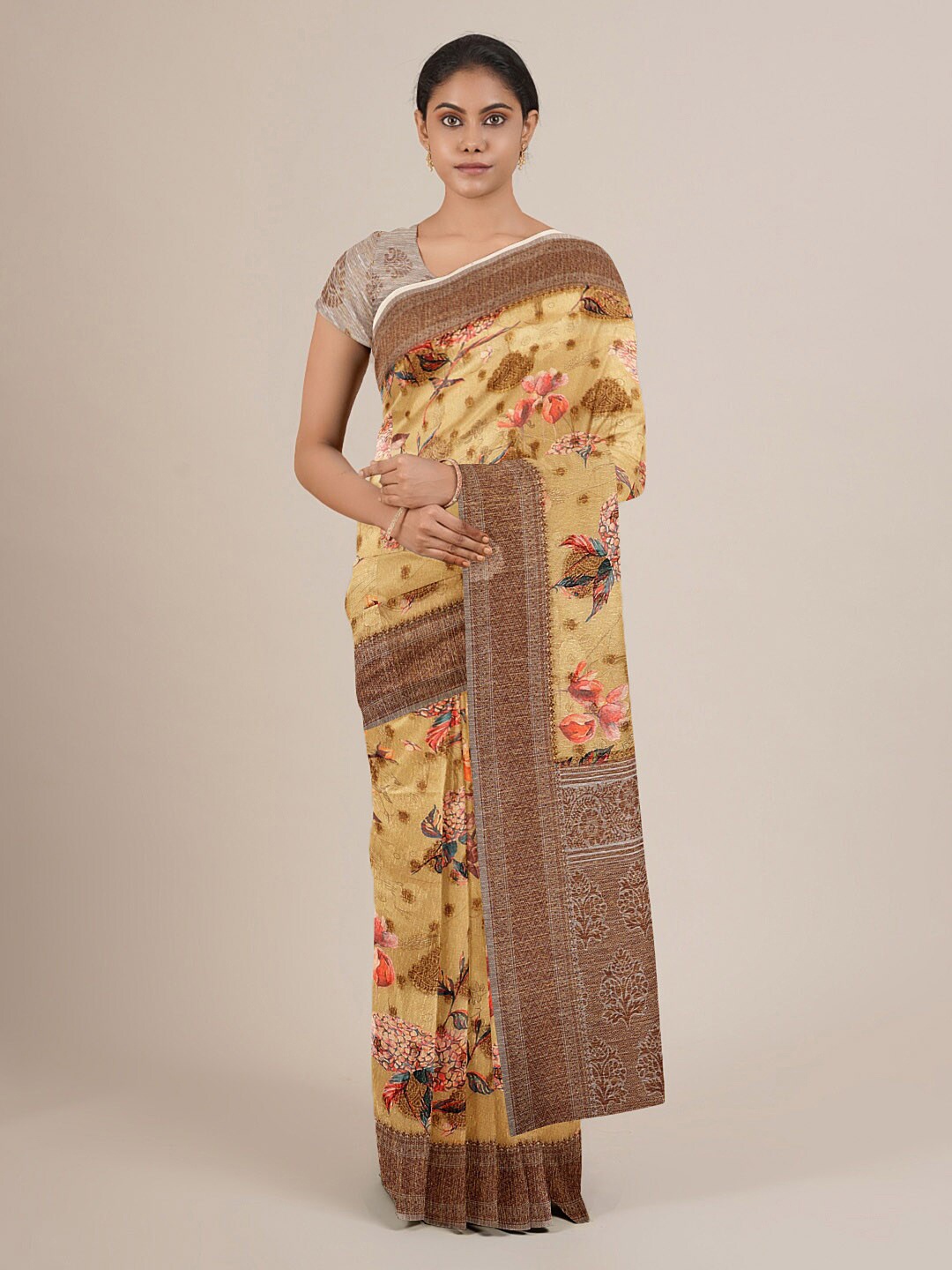 

Pothys Green & Gold-Toned Floral Jute Silk Saree