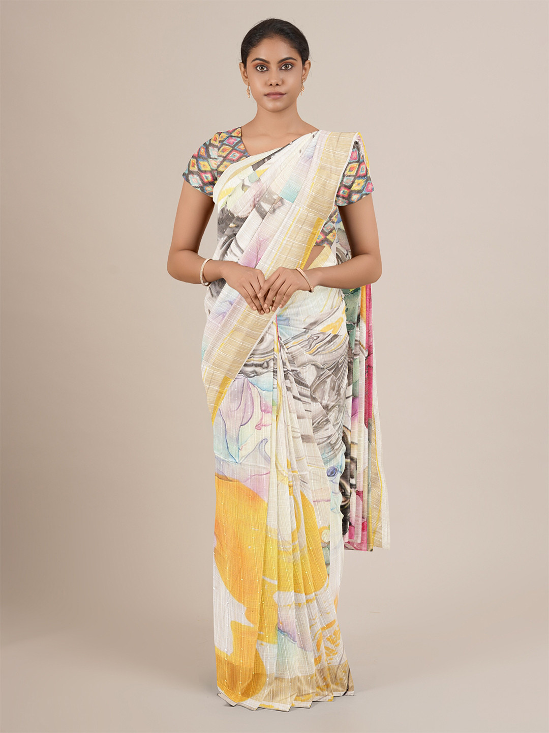 

Pothys Pink & Yellow Printed Linen Blend Saree