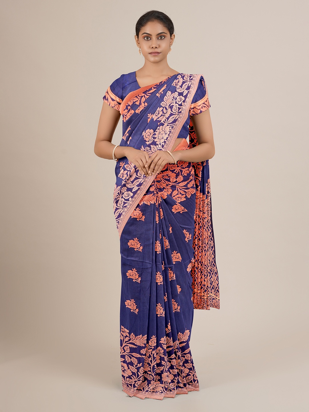 

Pothys Navy Blue & Peach-Coloured Floral Jute Silk Saree