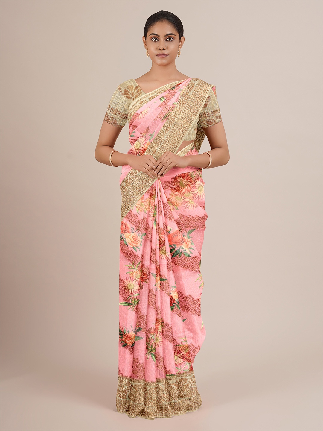 

Pothys Pink & Green Floral Jute Silk Saree