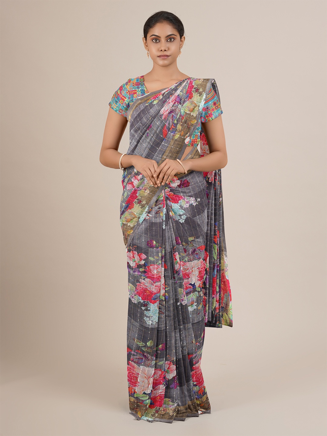 

Pothys Grey & Red Floral Printed Saree