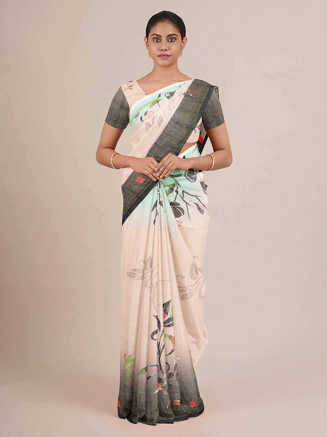 

Pothys Peach-Coloured & Grey Floral Sequinned Linen Blend Saree