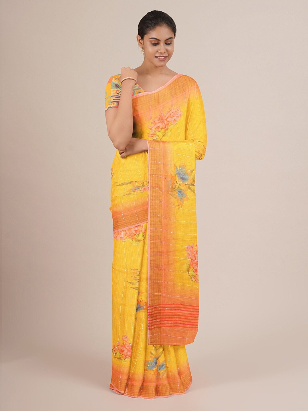 

Pothys Yellow & Orange Floral Printed Zari Linen Blend Saree