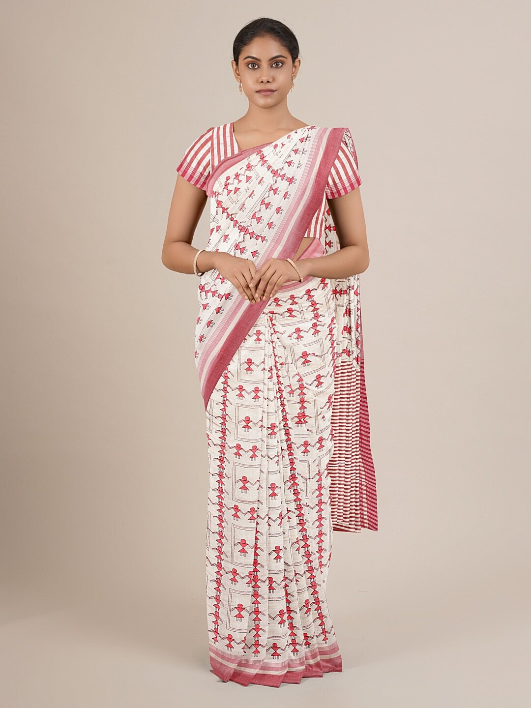 

Pothys Cream-Coloured & Red Ethnic Motifs Jute Silk Saree