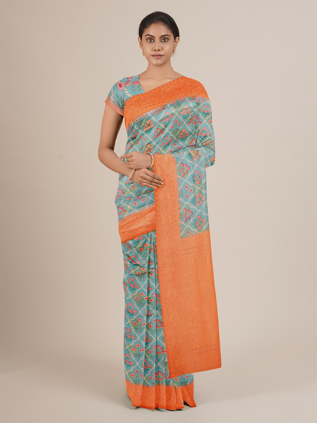 

Pothys Blue & Orange Floral Jute Silk Saree