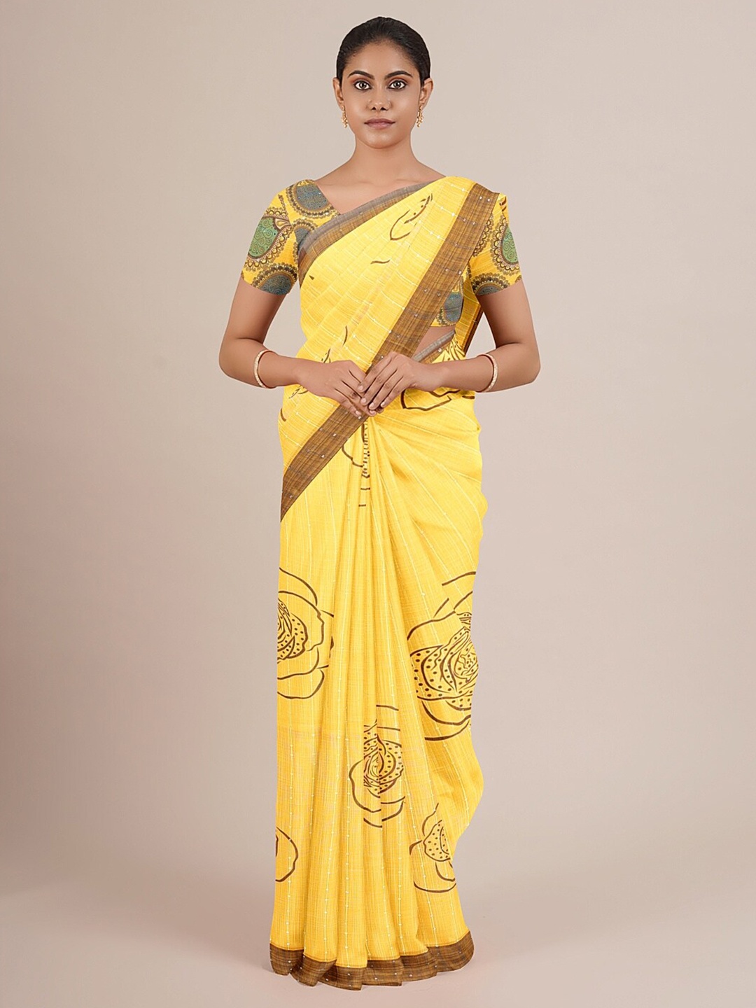 

Pothys Yellow & Brown Floral Beads and Stones Linen Blend Saree
