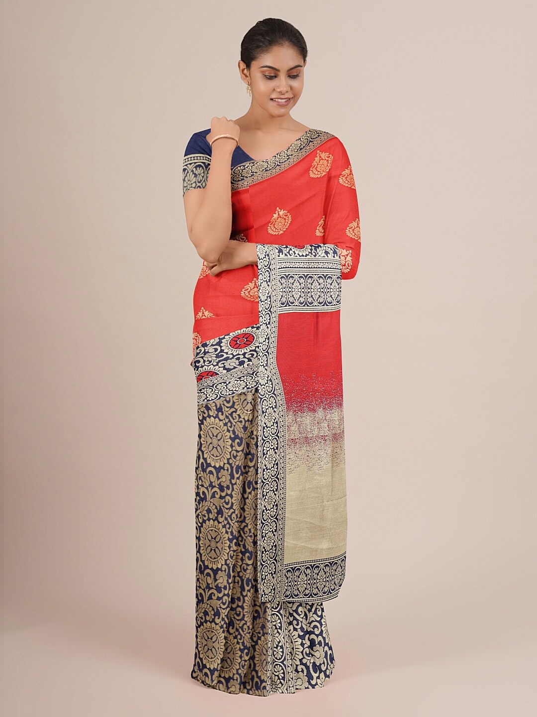 

Pothys Red & Navy Blue Ethnic Motifs Printed Jute Silk Saree