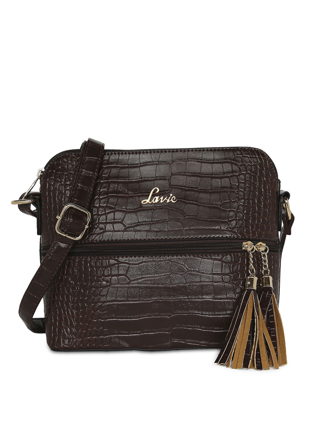 

Lavie Brown Animal Textured PU Structured Sling Bag with Tasselled Detail