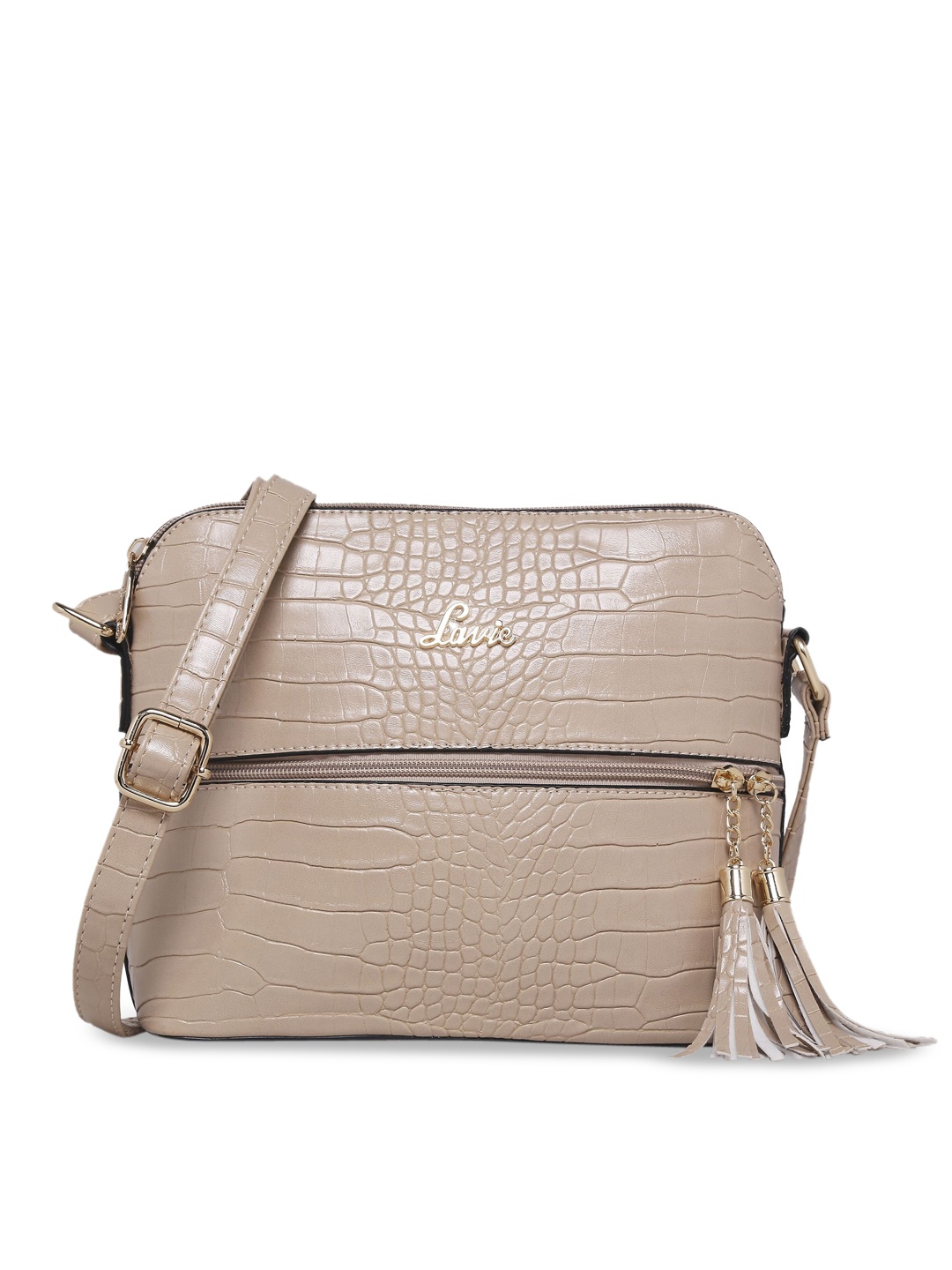 

Lavie Beige Textured PU Structured Sling Bag with Tasselled