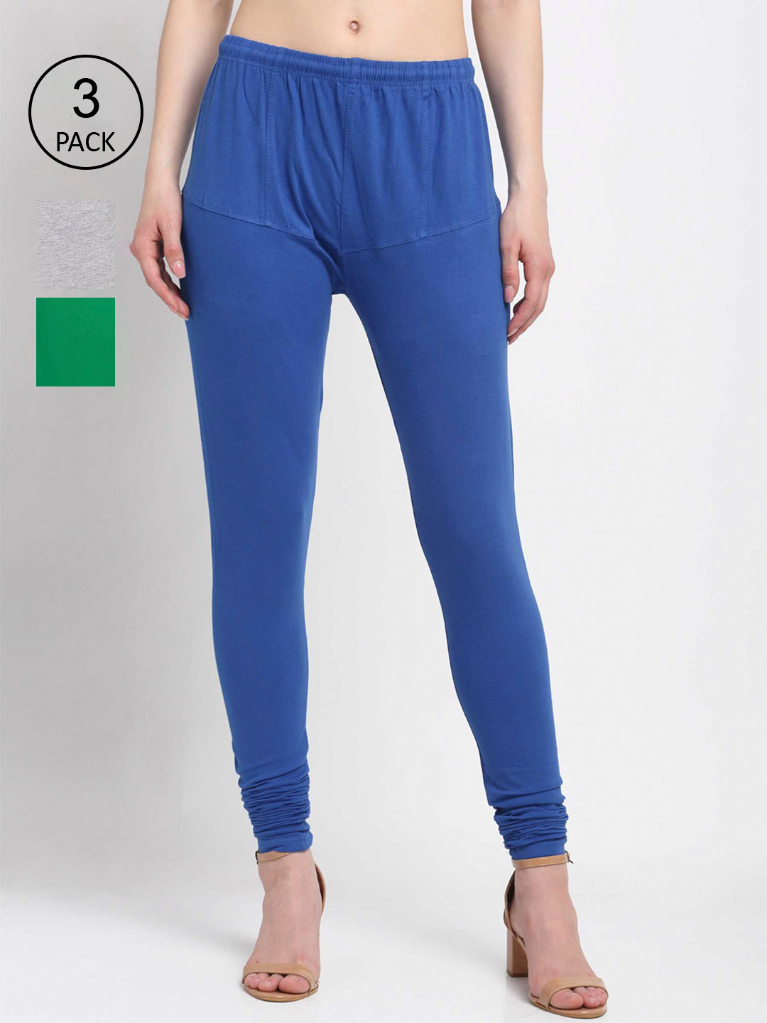 

KLOTTHE Women Pack Of 3 Solid Cotton Churidar-Length Leggings, Blue