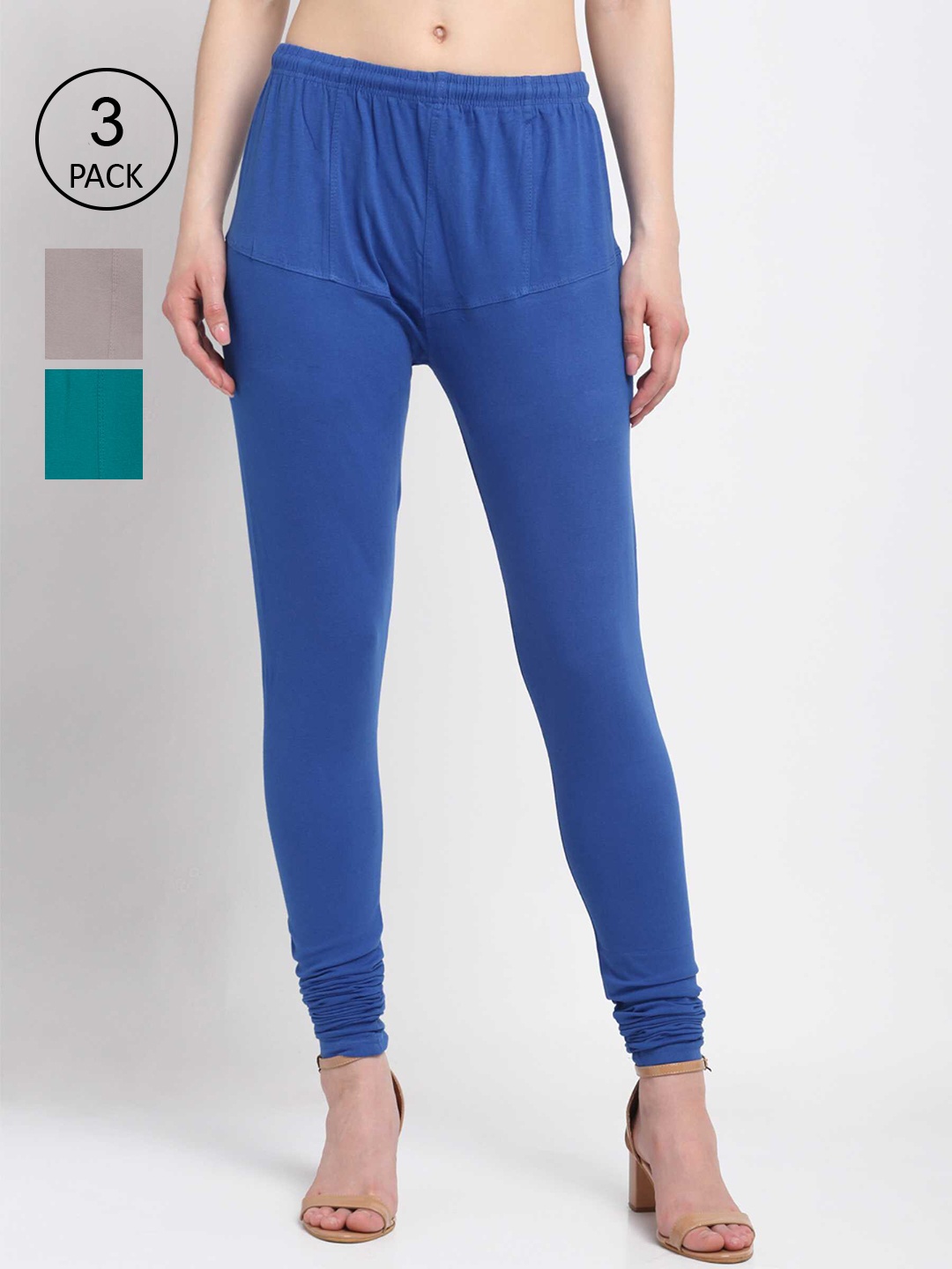 

KLOTTHE Women Pack Of 3 Blue & Green Solid Cotton Churidar-Length Leggings