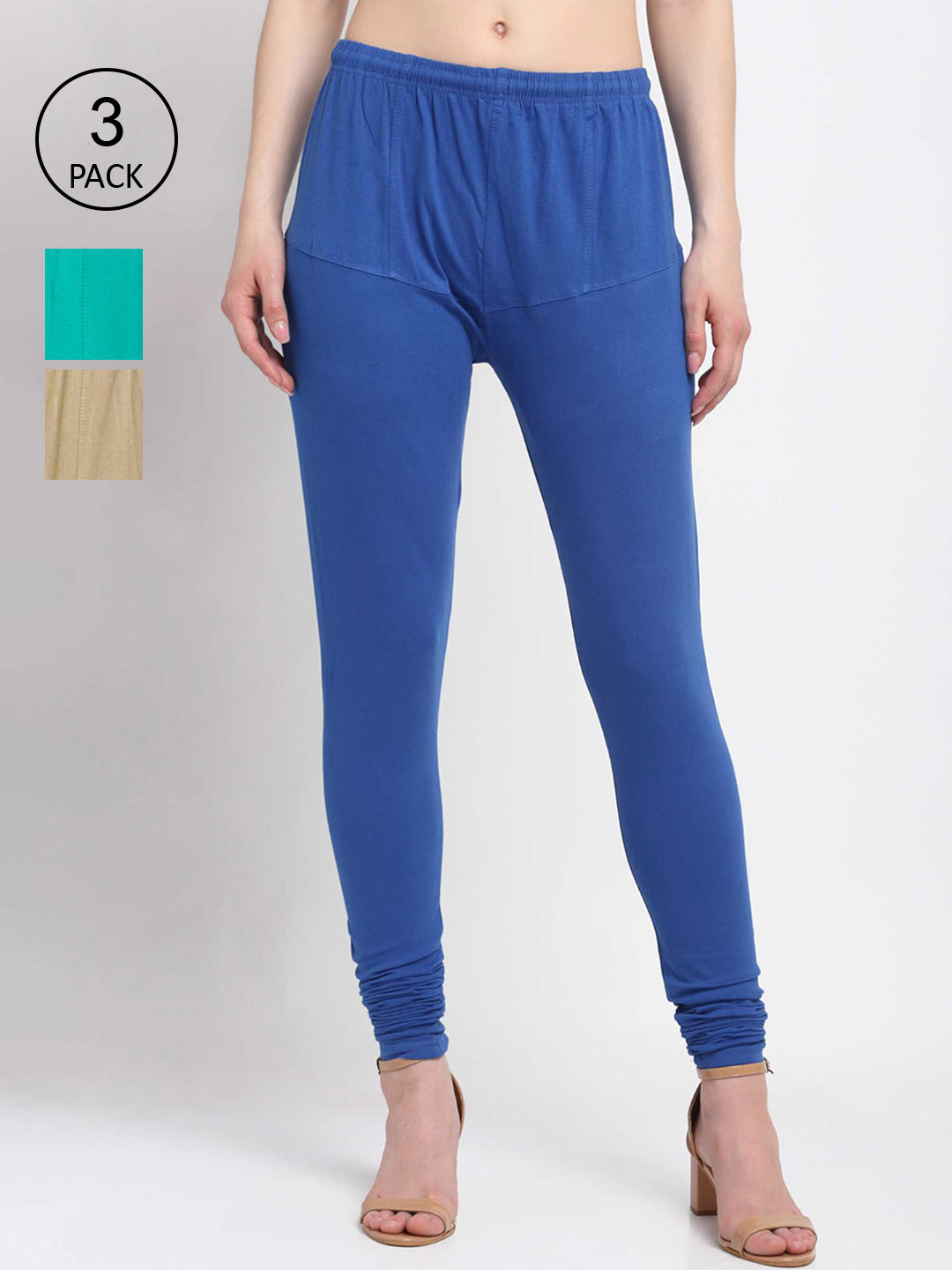 

KLOTTHE Women Pack Of 3 Solid Cotton Churidar-Length Leggings, Blue