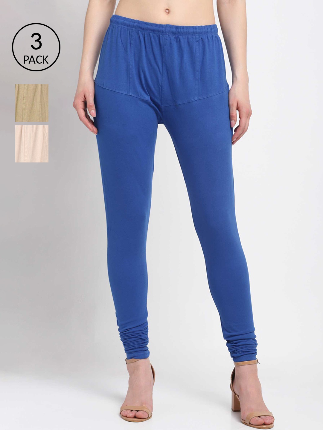 

KLOTTHE Women Pack Of 3 Solid Cotton Churidar-Length Leggings, Blue