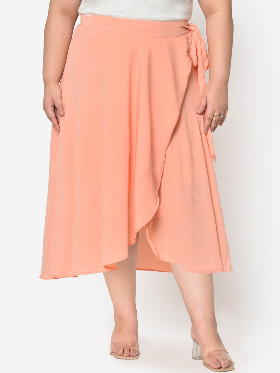

wild U Women Peach-Coloured Solid Wrap Plus Size Midi Skirt