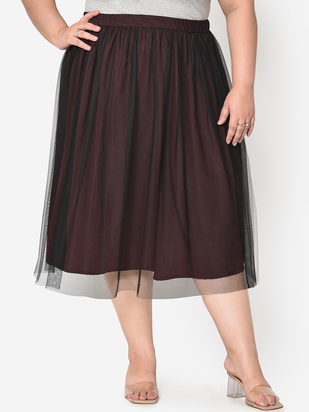 

wild U Plus Size Women Burgundy Solid Flared Midi Skirt