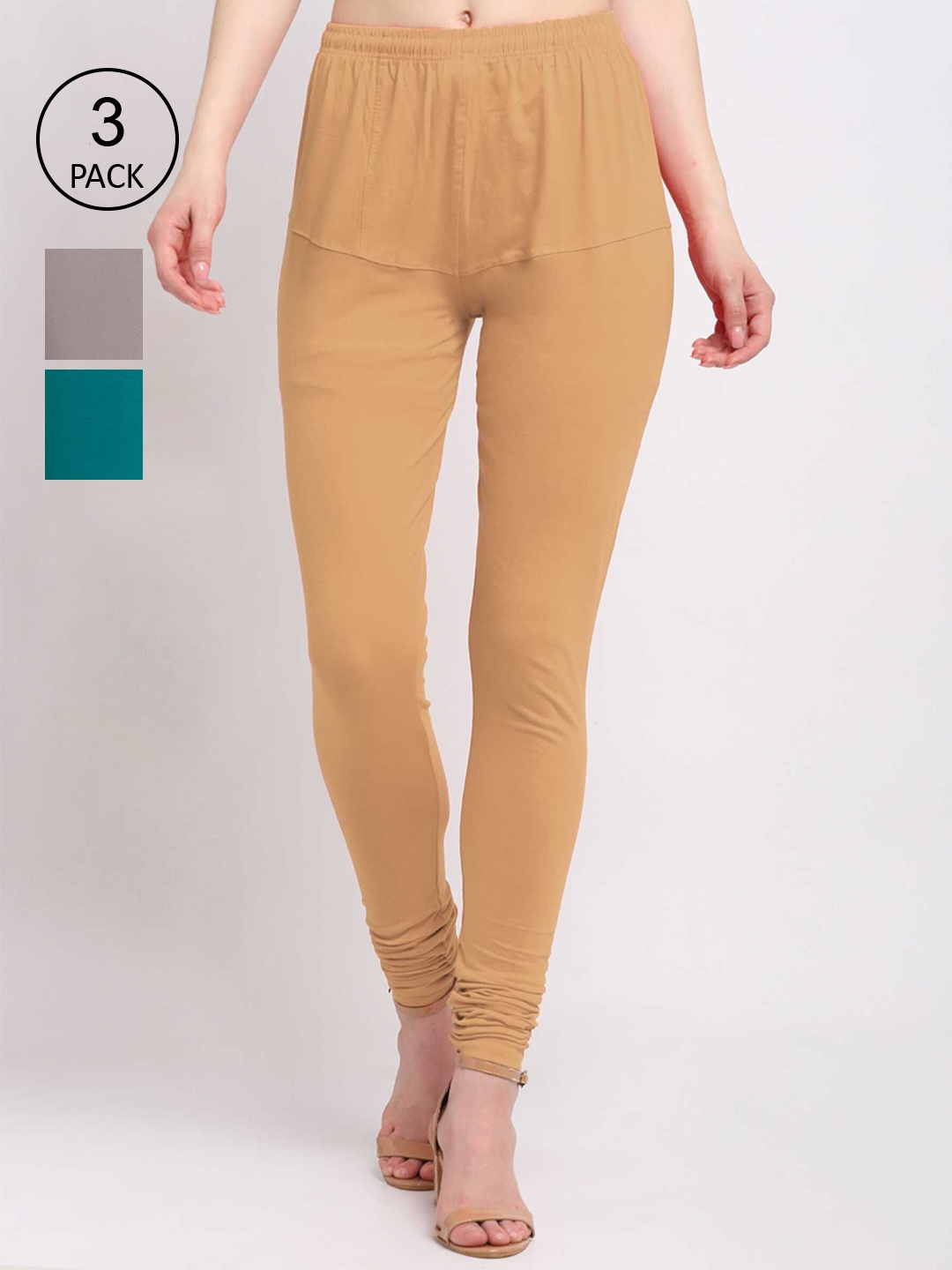 

KLOTTHE Women Pack Of 3 Beige & Grey Solid Cotton Churidar-Length Leggings
