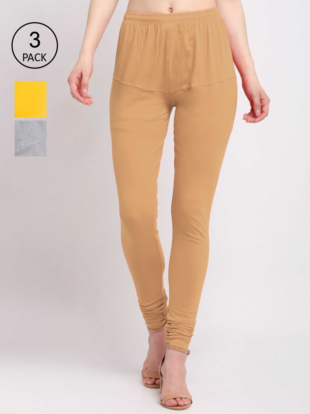 

KLOTTHE Women Pack Of 3 Solid Cotton Churidar-Length Leggings, Brown