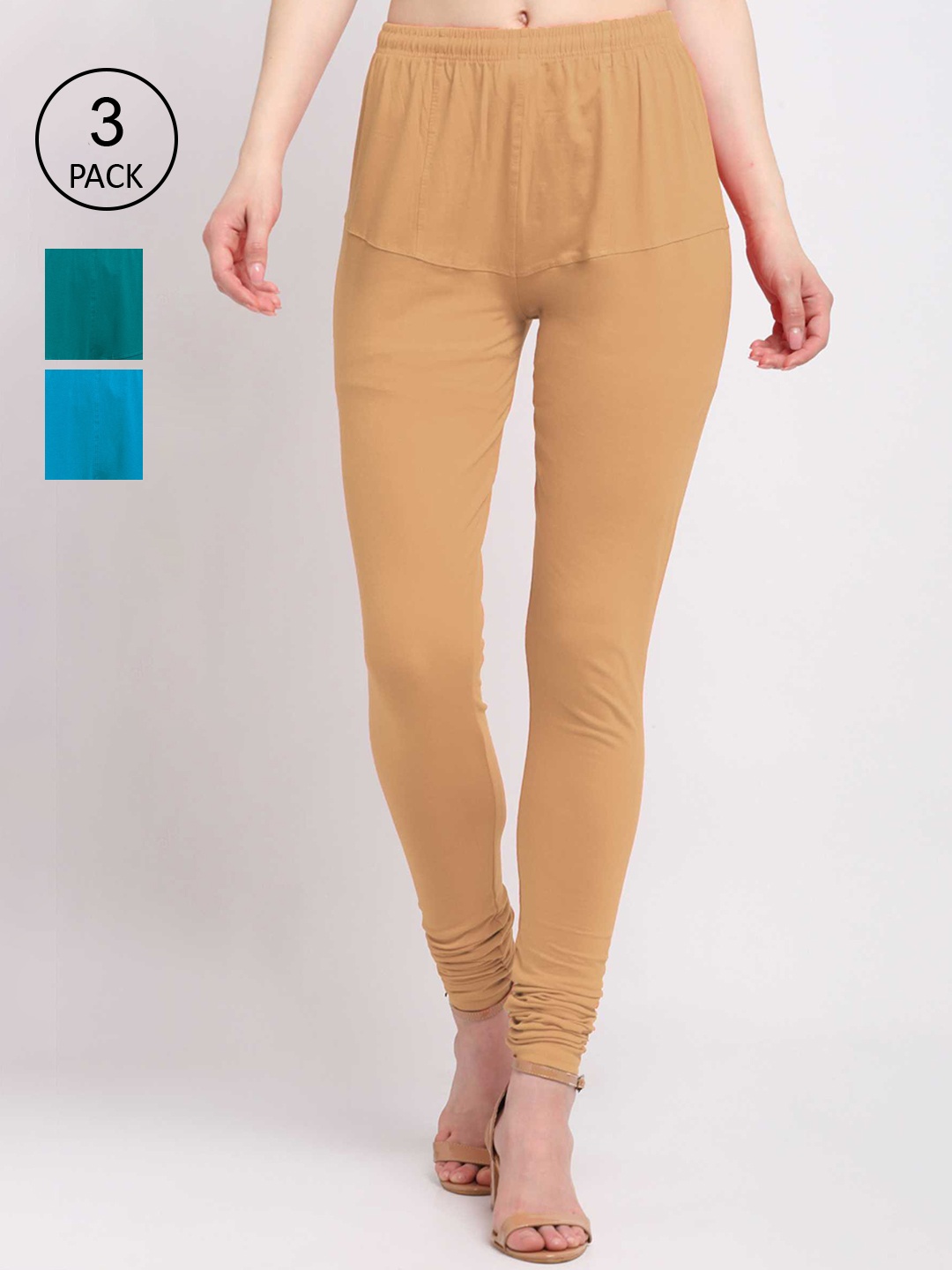 

KLOTTHE Women Pack Of 3 Solid Cotton Churidar-Length Leggings, Beige