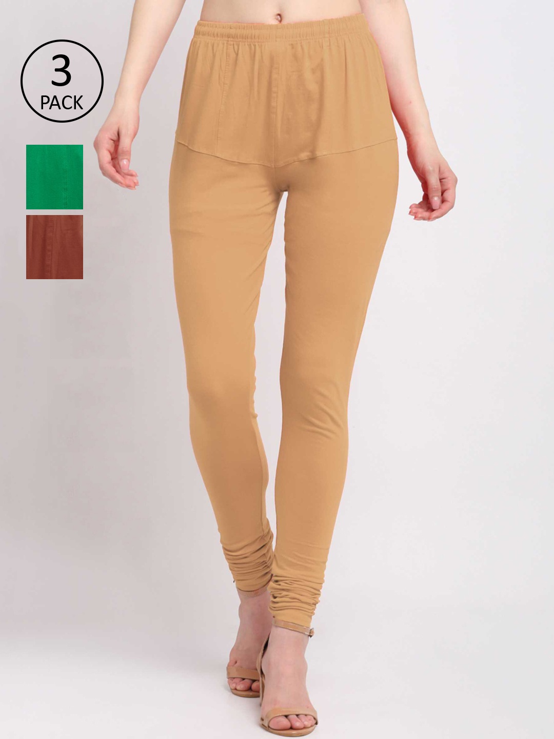

KLOTTHE Women Pack Of 3 Solid Cotton Churidar-Length Leggings, Green
