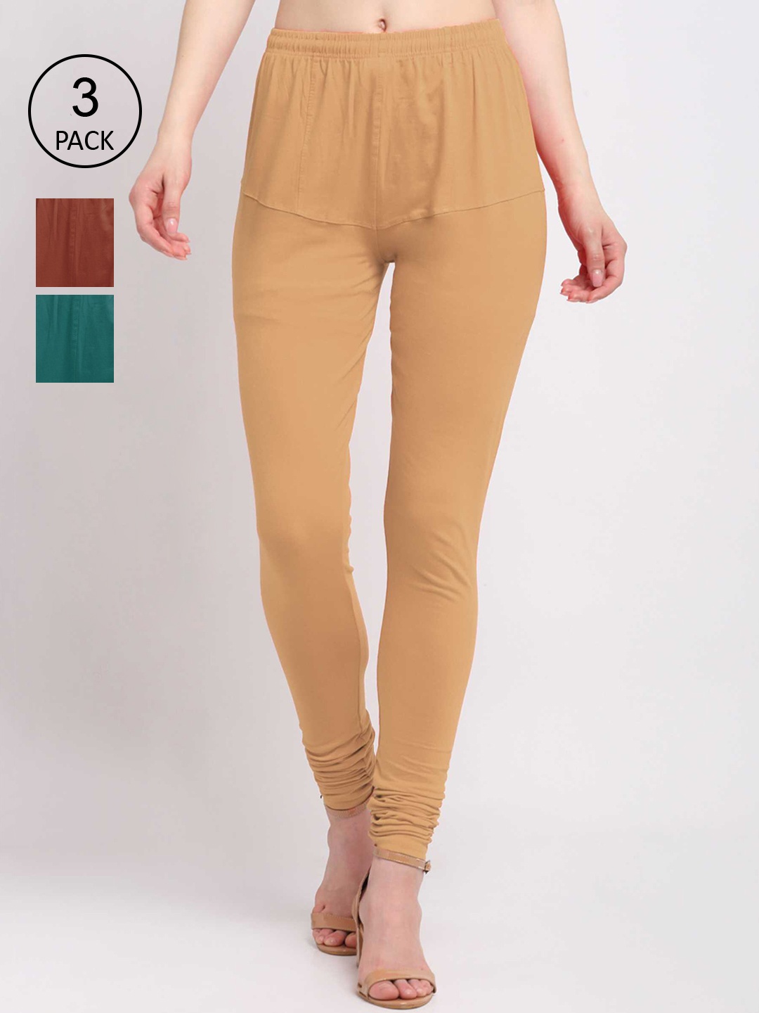 

KLOTTHE Women Pack Of 3 Solid Cotton Churidar-Length Leggings, Green