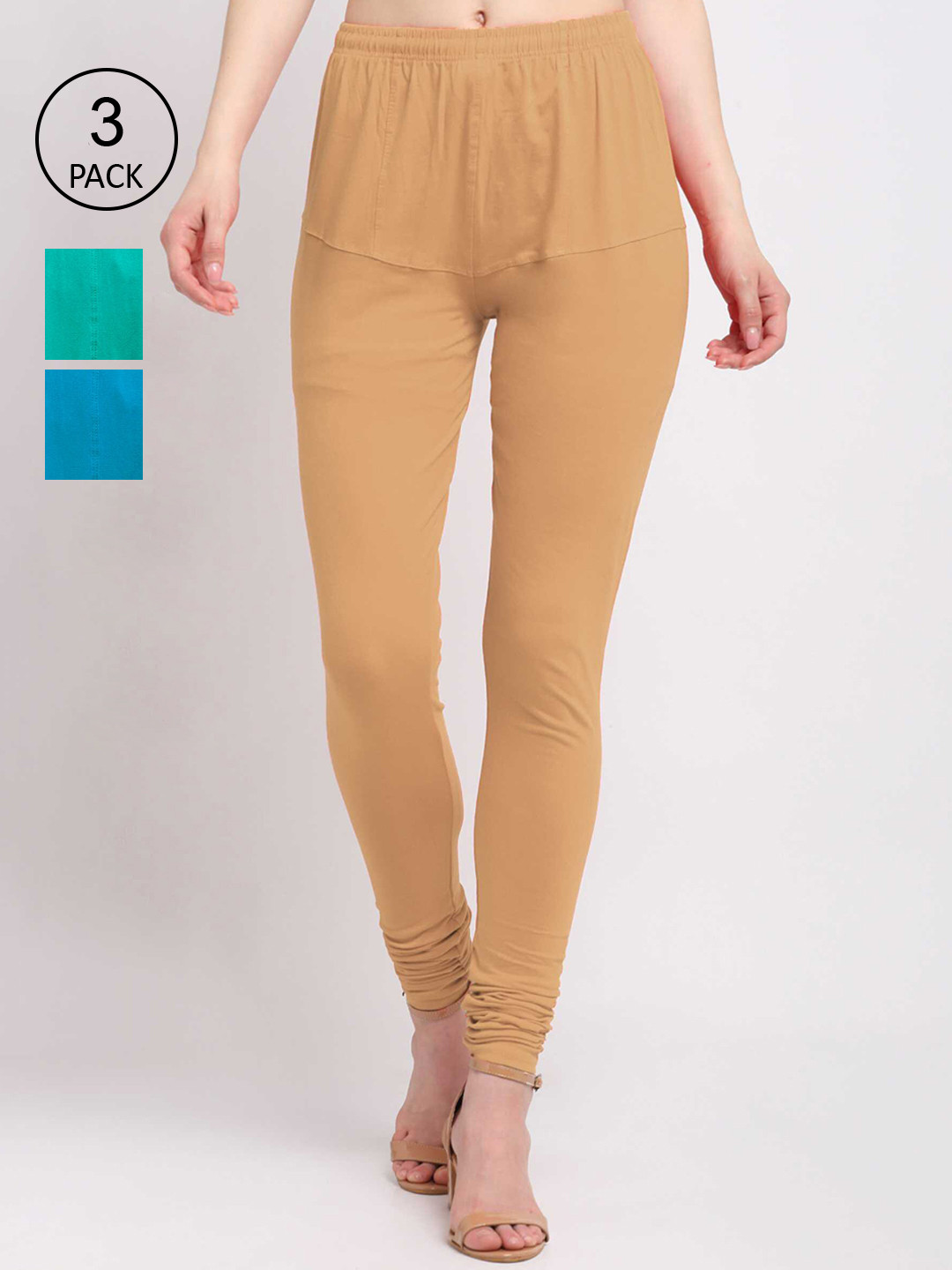 

KLOTTHE Women Pack Of 3 Solid Cotton Churidar-Length Leggings, Beige
