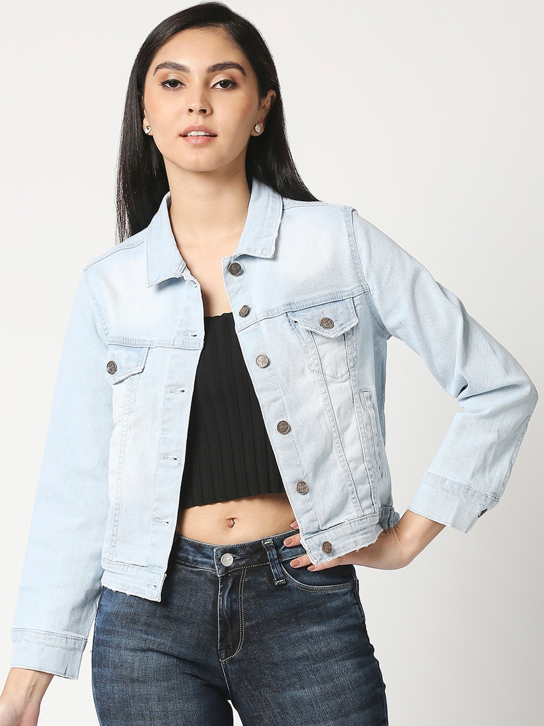 

High Star Women Blue Washed Crop Denim Jacket