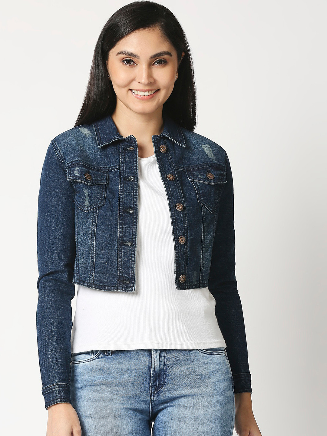 

High Star Women Blue Washed Crop Denim Jacket