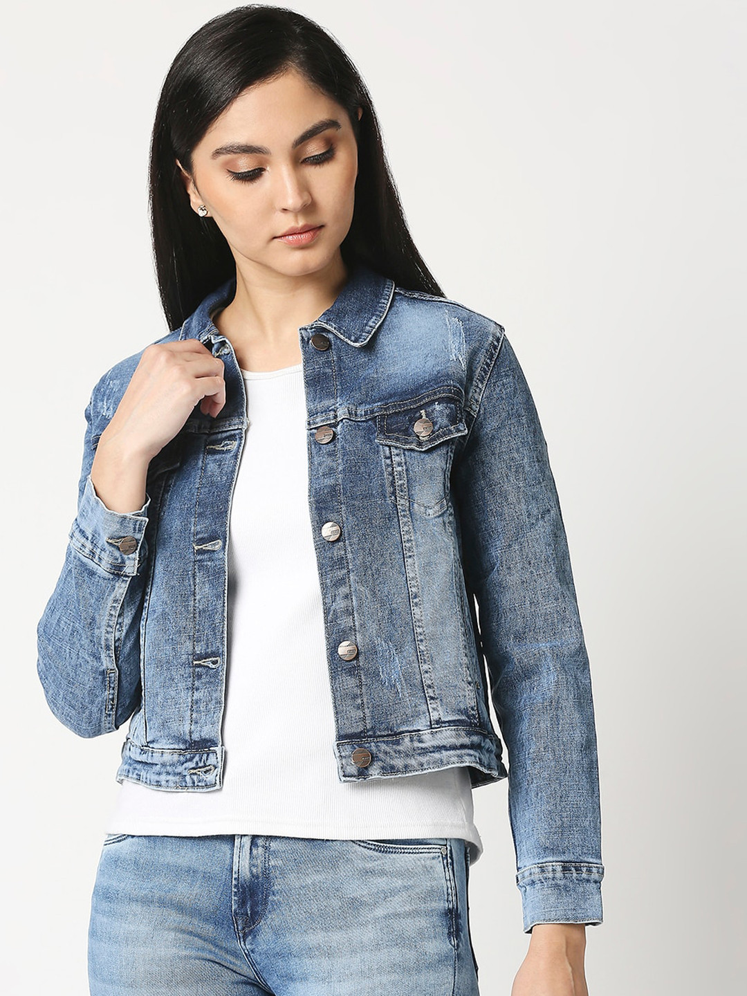 

High Star Women Blue Washed Crop Denim Jacket