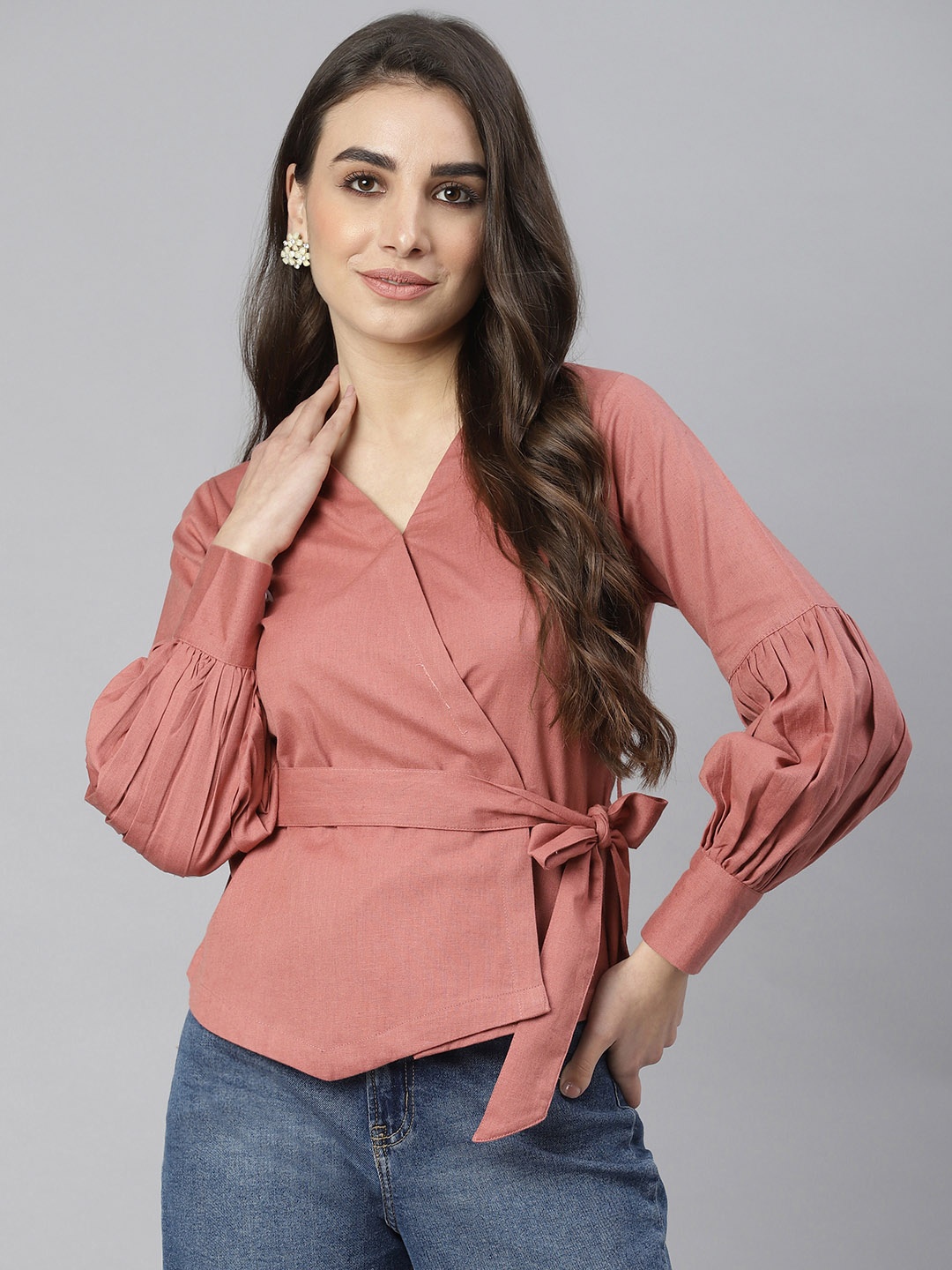 

DEEBACO Pink Asymmetrical Kimono Top With Belt