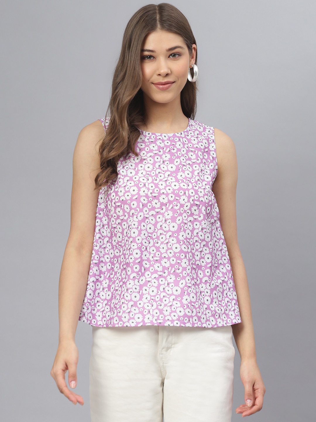 

DEEBACO Lavender & White Floral A-Line Top