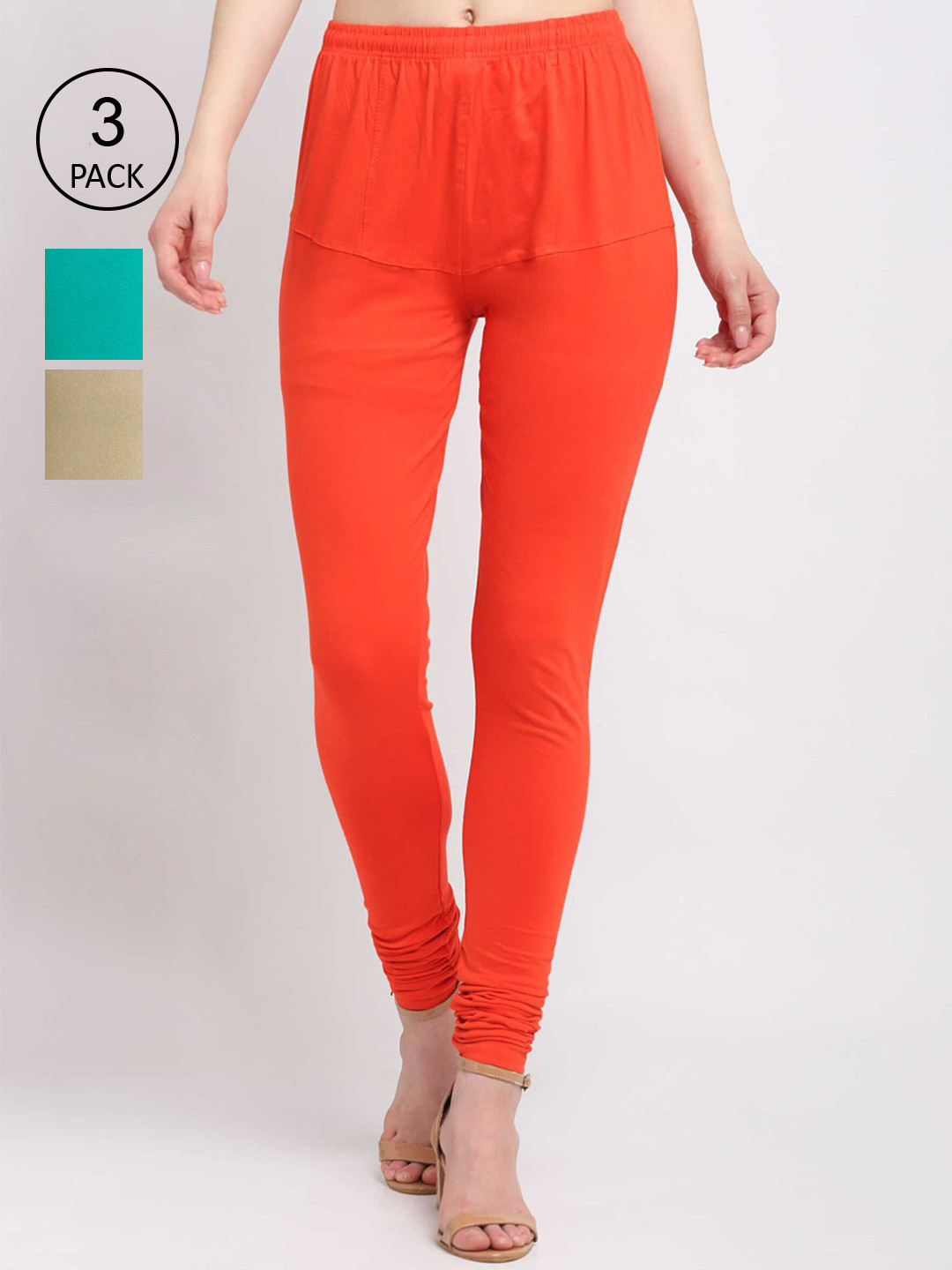 

KLOTTHE Women Pack Of 3 Solid Cotton Churidar-Length Leggings, Orange