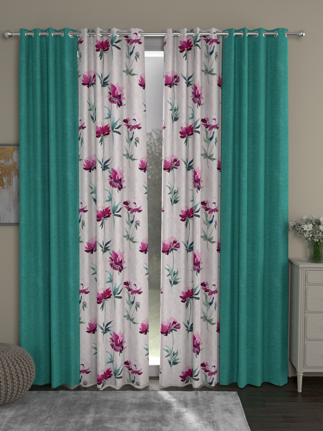 

ROSARA HOME Turquoise Blue & White Set of 4 Floral Room Darkening Door Curtain