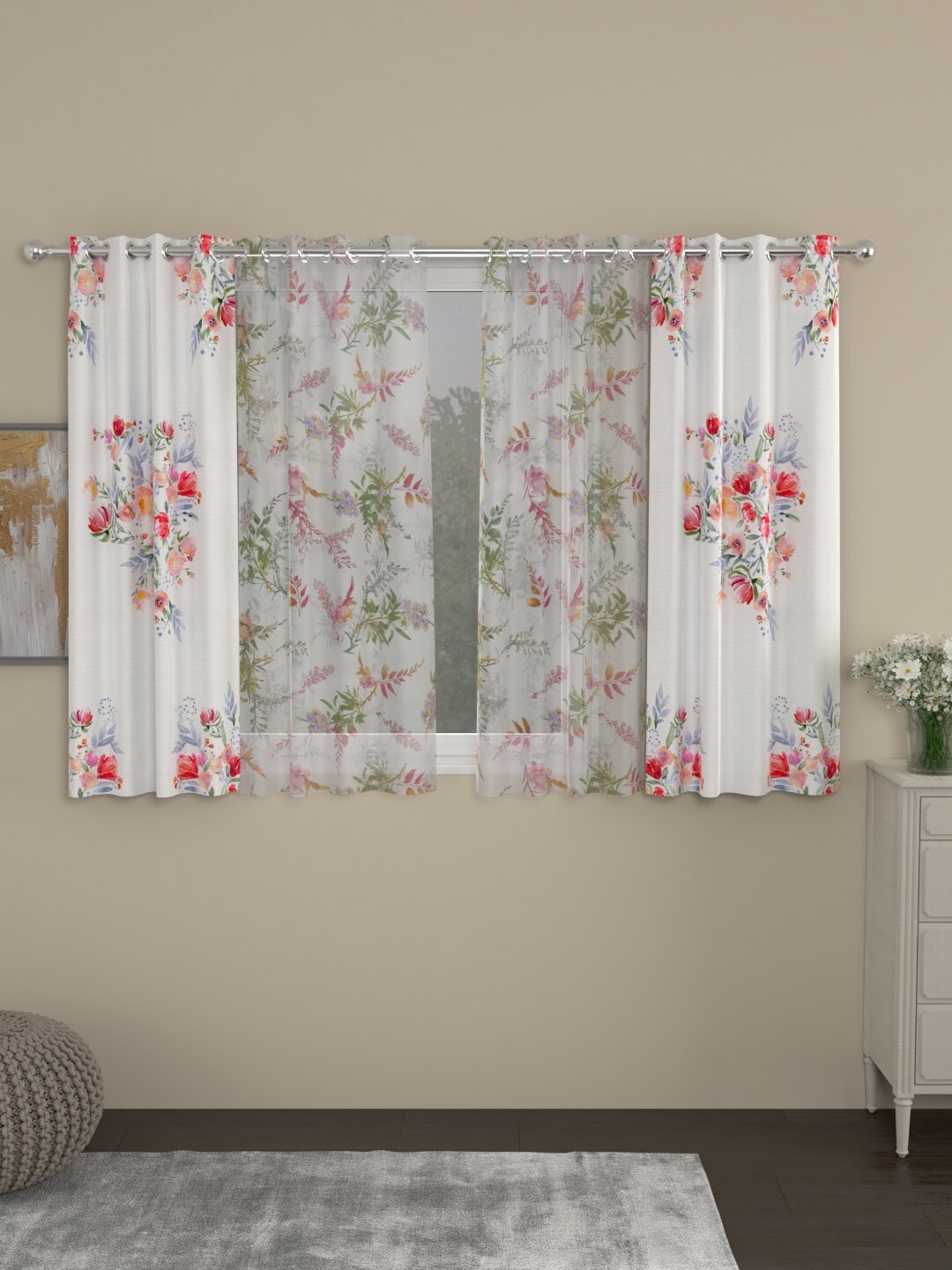 

ROSARA HOME White & Pink Set of 4 Floral Window Curtain