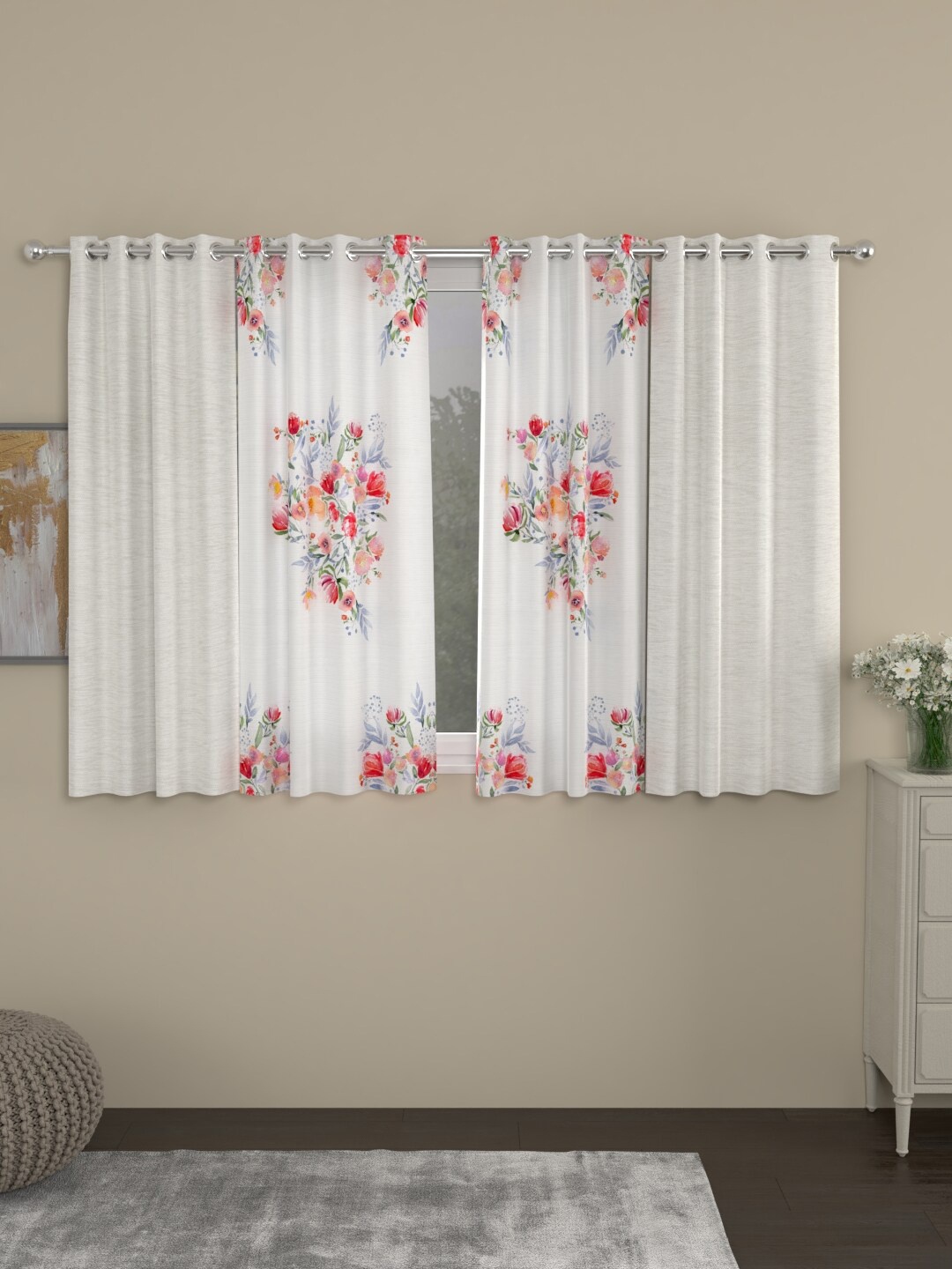 

ROSARA HOME White & Red Set of 4 Floral Room Darkening Window Curtain
