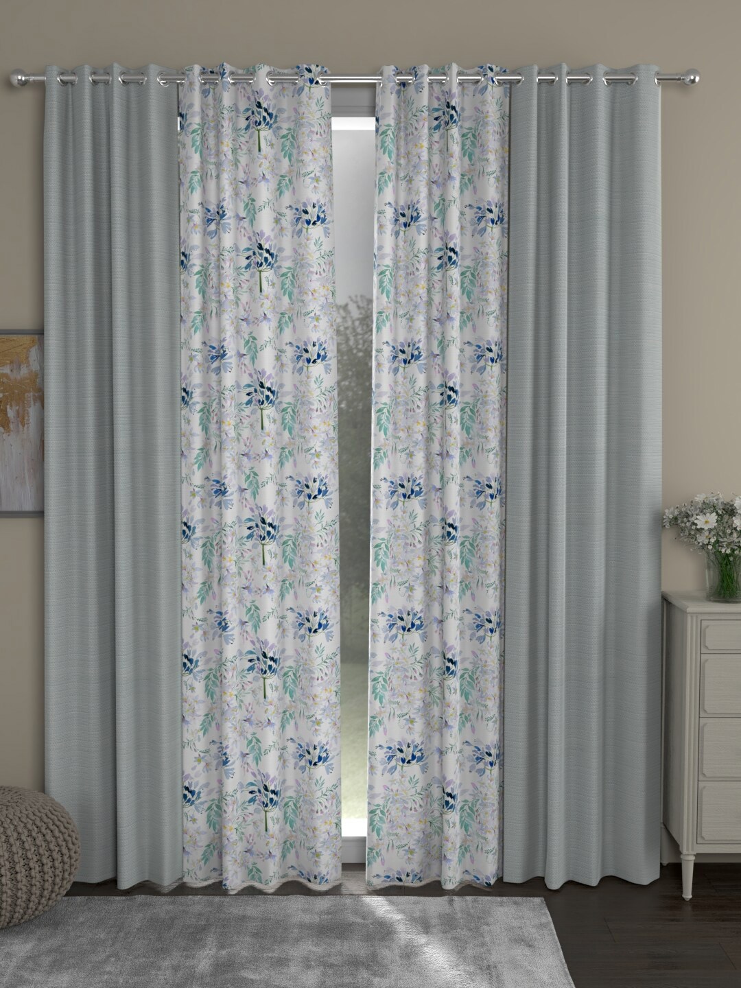 

ROSARA HOME Grey & White Set of 4 Floral Door Curtain