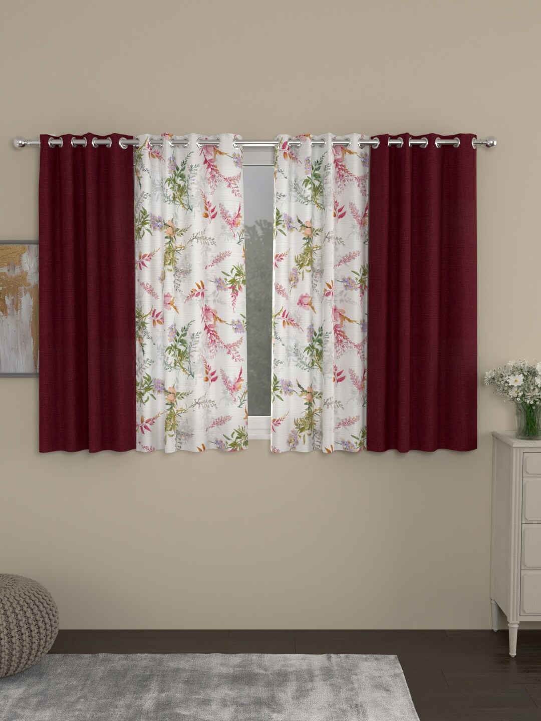 

ROSARA HOME Maroon & White Set of 4 Window Curtain